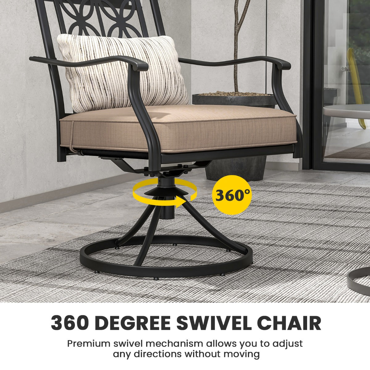 LIVSK Draaibare Tuinstoelen - 360° Draaibaar - Weerbestendig Metaal - 9 cm Dik Kussen - Elegant Bloemenpatroon - Zwart