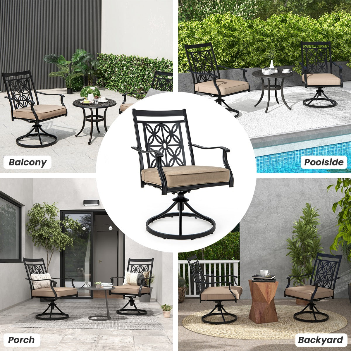 LIVSK Draaibare Tuinstoelen - 360° Draaibaar - Weerbestendig Metaal - 9 cm Dik Kussen - Elegant Bloemenpatroon - Zwart