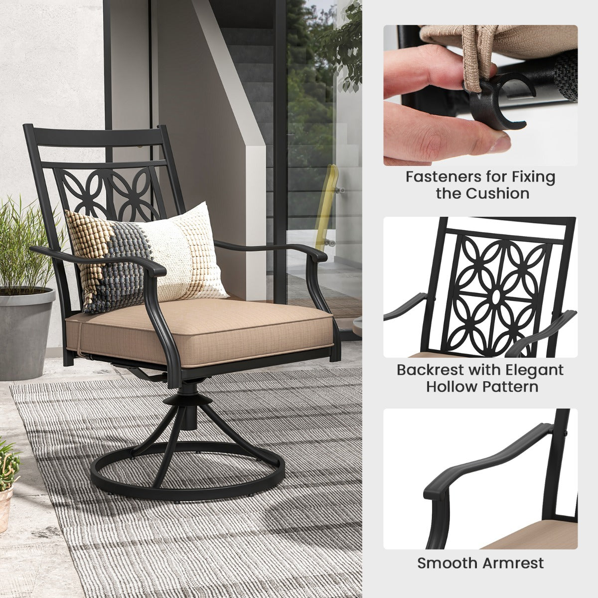 LIVSK Draaibare Tuinstoelen - 360° Draaibaar - Weerbestendig Metaal - 9 cm Dik Kussen - Elegant Bloemenpatroon - Zwart