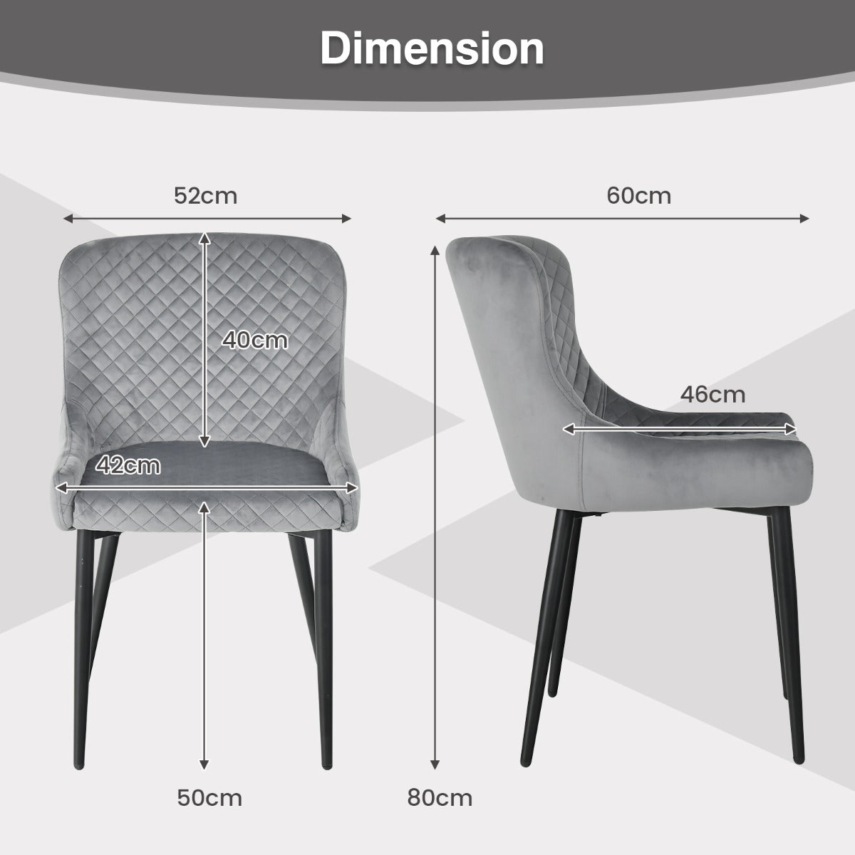 LIVSK Eetkamerstoelenset van 2 - Gewatteerde Zitting en Rugleuning - Metalen Poten - Tot 150 kg - Grijs