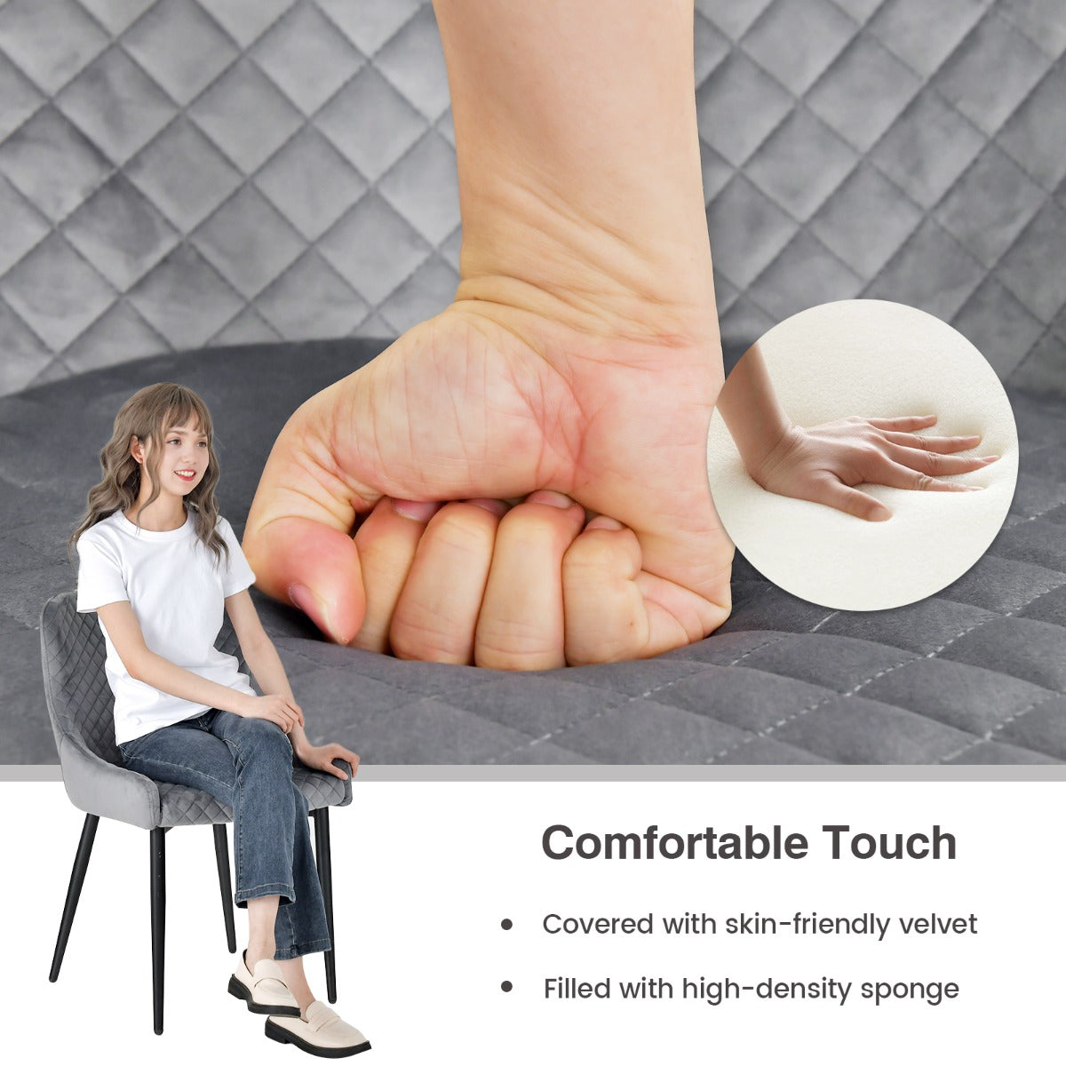 LIVSK Eetkamerstoelenset van 2 - Gewatteerde Zitting en Rugleuning - Metalen Poten - Tot 150 kg - Grijs