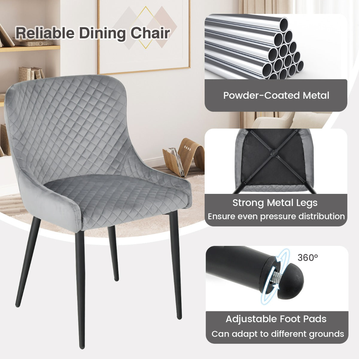 LIVSK Eetkamerstoelenset van 2 - Gewatteerde Zitting en Rugleuning - Metalen Poten - Tot 150 kg - Grijs