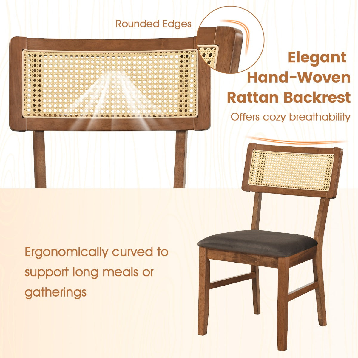 Livsk costway set van 2 eetkamerstoelen gestoffeerde stoelen met rugleuning van handgeweven rotan 3