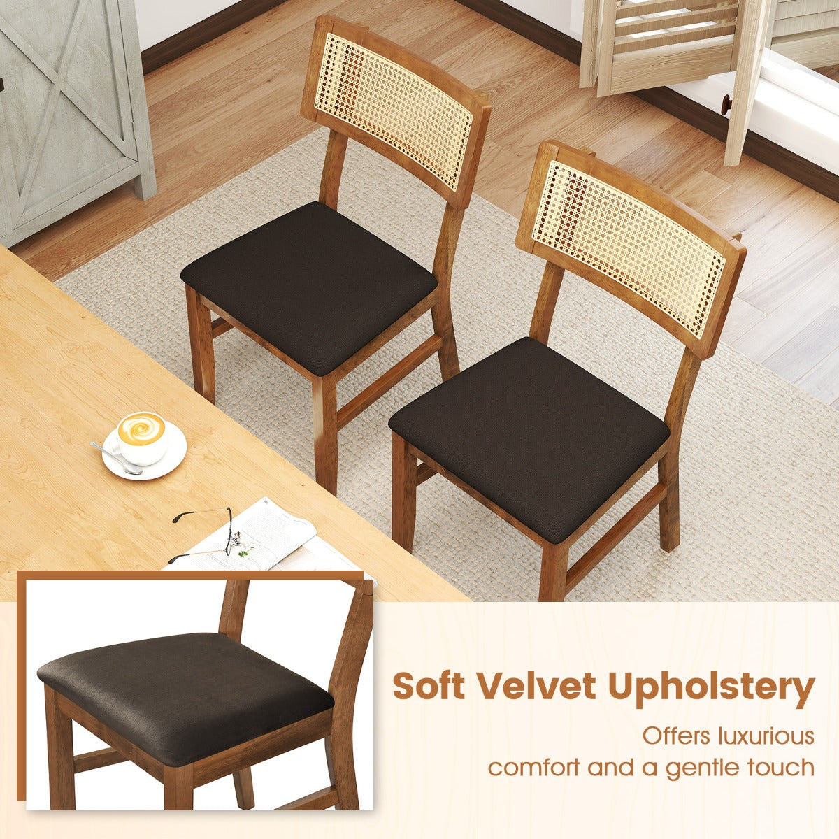 Livsk costway set van 2 eetkamerstoelen gestoffeerde stoelen met rugleuning van handgeweven rotan 4