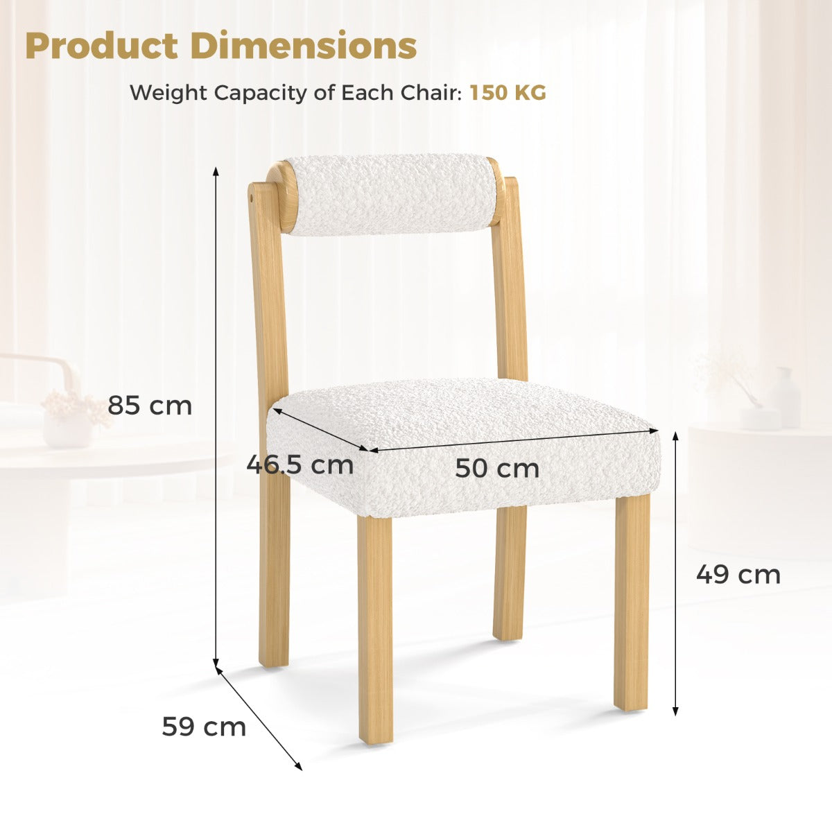 LIVSK Houten Eetkamerstoelen - Rubberhouten Frame - Ergonomisch Comfort - Imitatie Sherpa - Draagvermogen 150 kg - Naturel + Wit