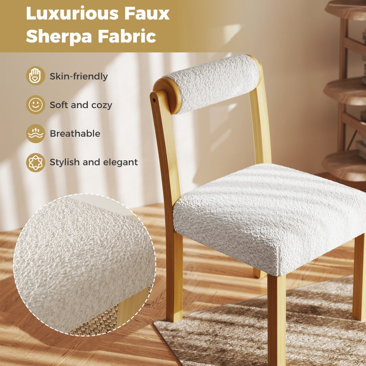 LIVSK Houten Eetkamerstoelen - Rubberhouten Frame - Ergonomisch Comfort - Imitatie Sherpa - Draagvermogen 150 kg - Naturel + Wit
