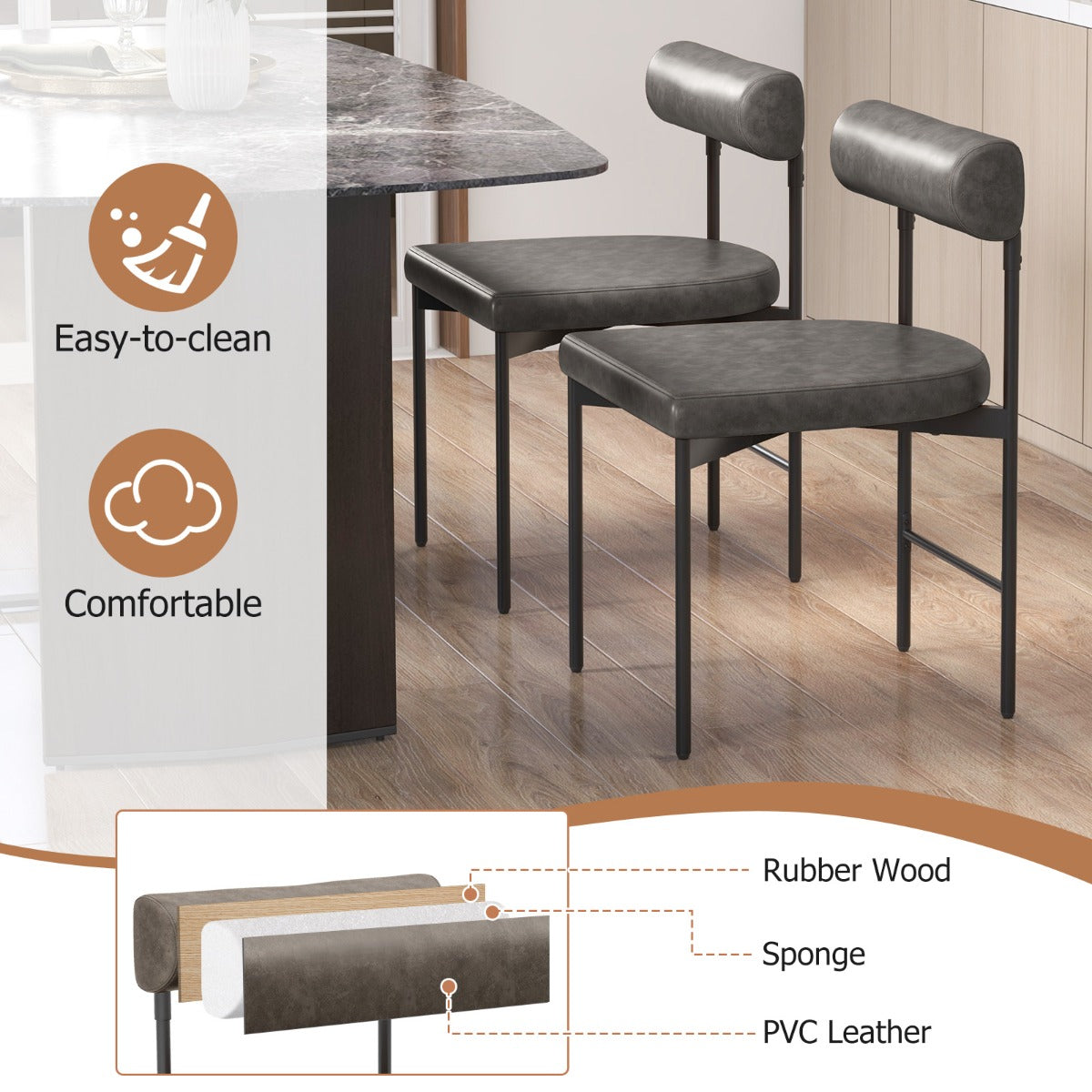 LIVSK Eetkamerstoelen Set van 2 - Ergonomisch Design met U-Vormige Zitting - Schuimgevuld - Ondersteunt tot 180 kg - Grijs