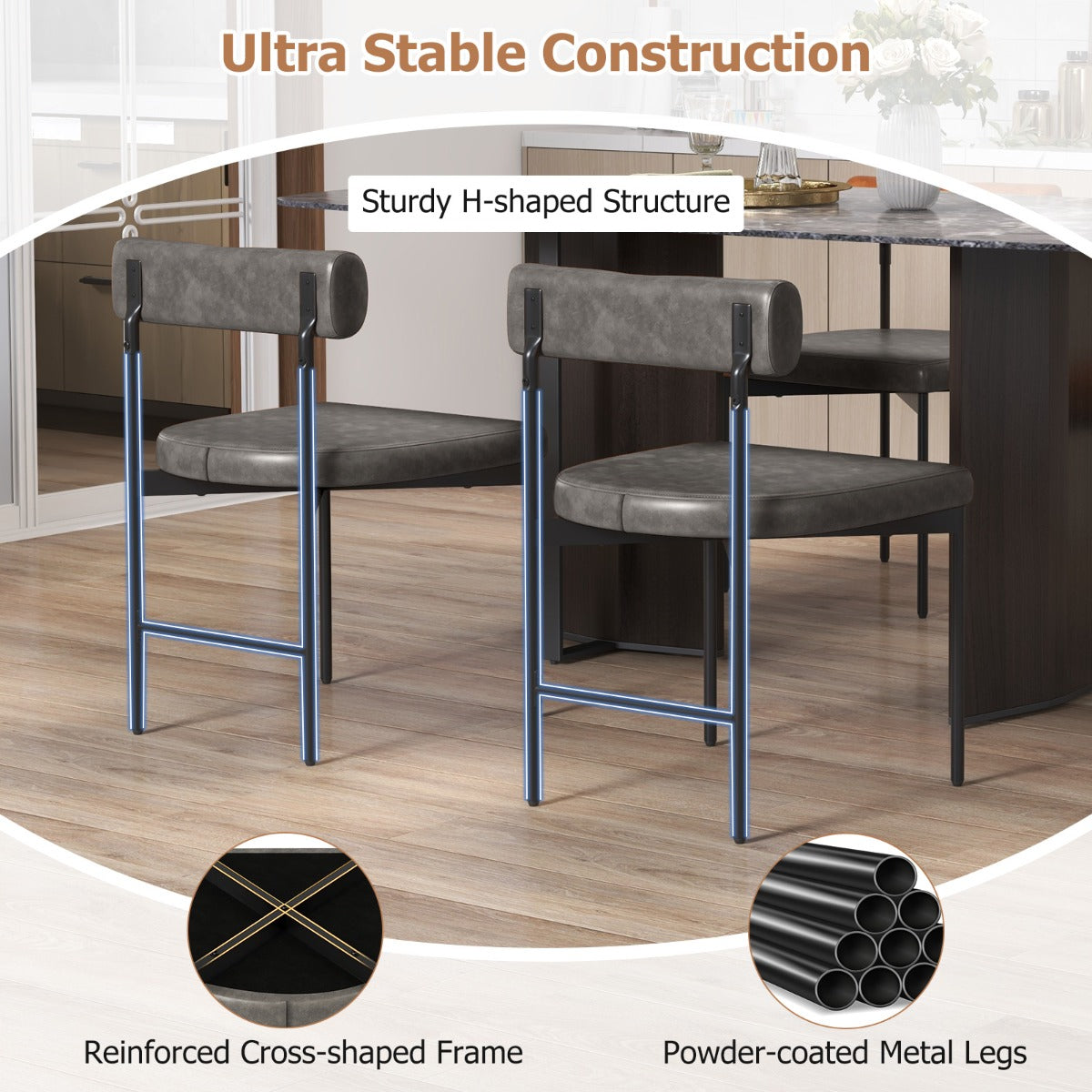 LIVSK Eetkamerstoelen Set van 2 - Ergonomisch Design met U-Vormige Zitting - Schuimgevuld - Ondersteunt tot 180 kg - Grijs