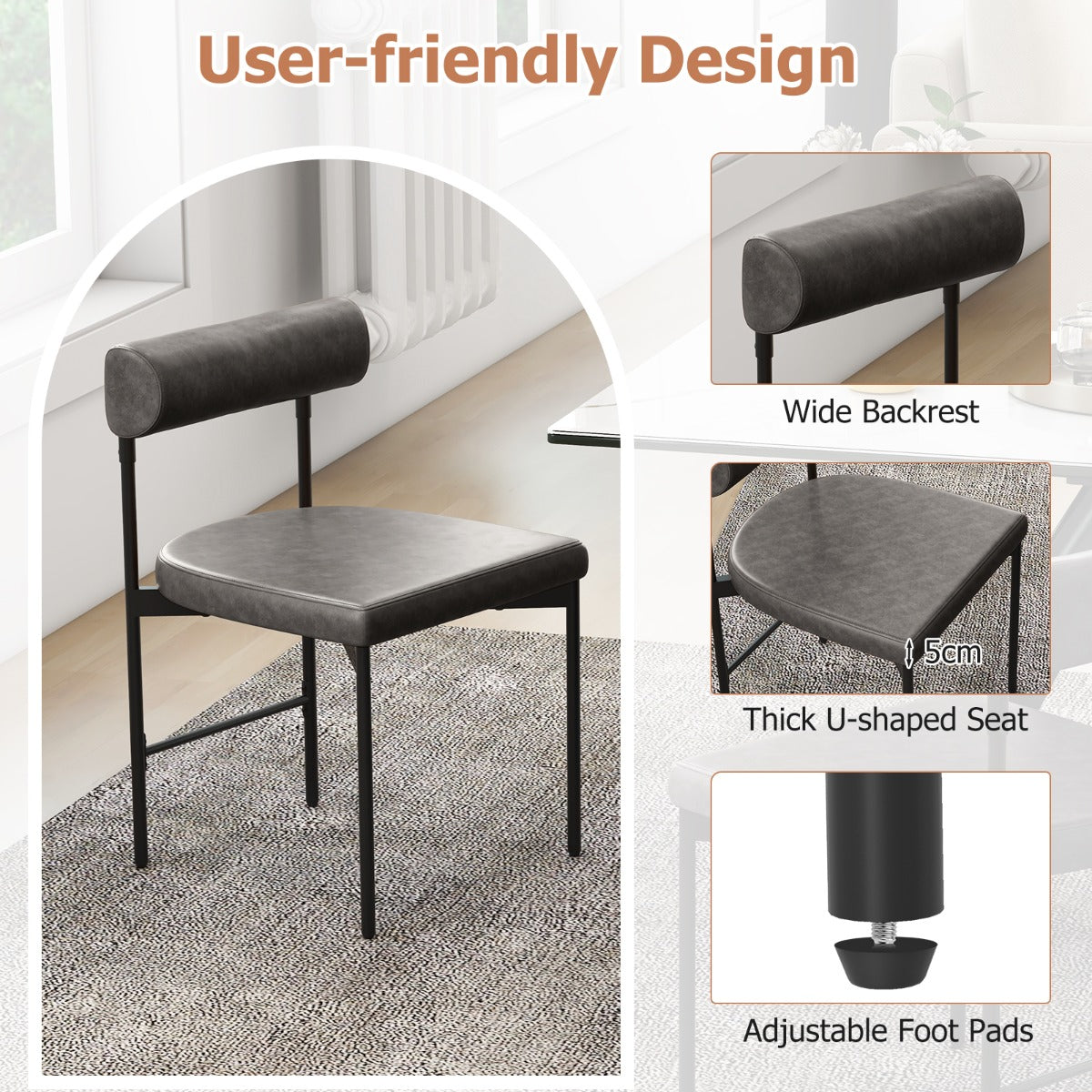 LIVSK Eetkamerstoelen Set van 2 - Ergonomisch Design met U-Vormige Zitting - Schuimgevuld - Ondersteunt tot 180 kg - Grijs