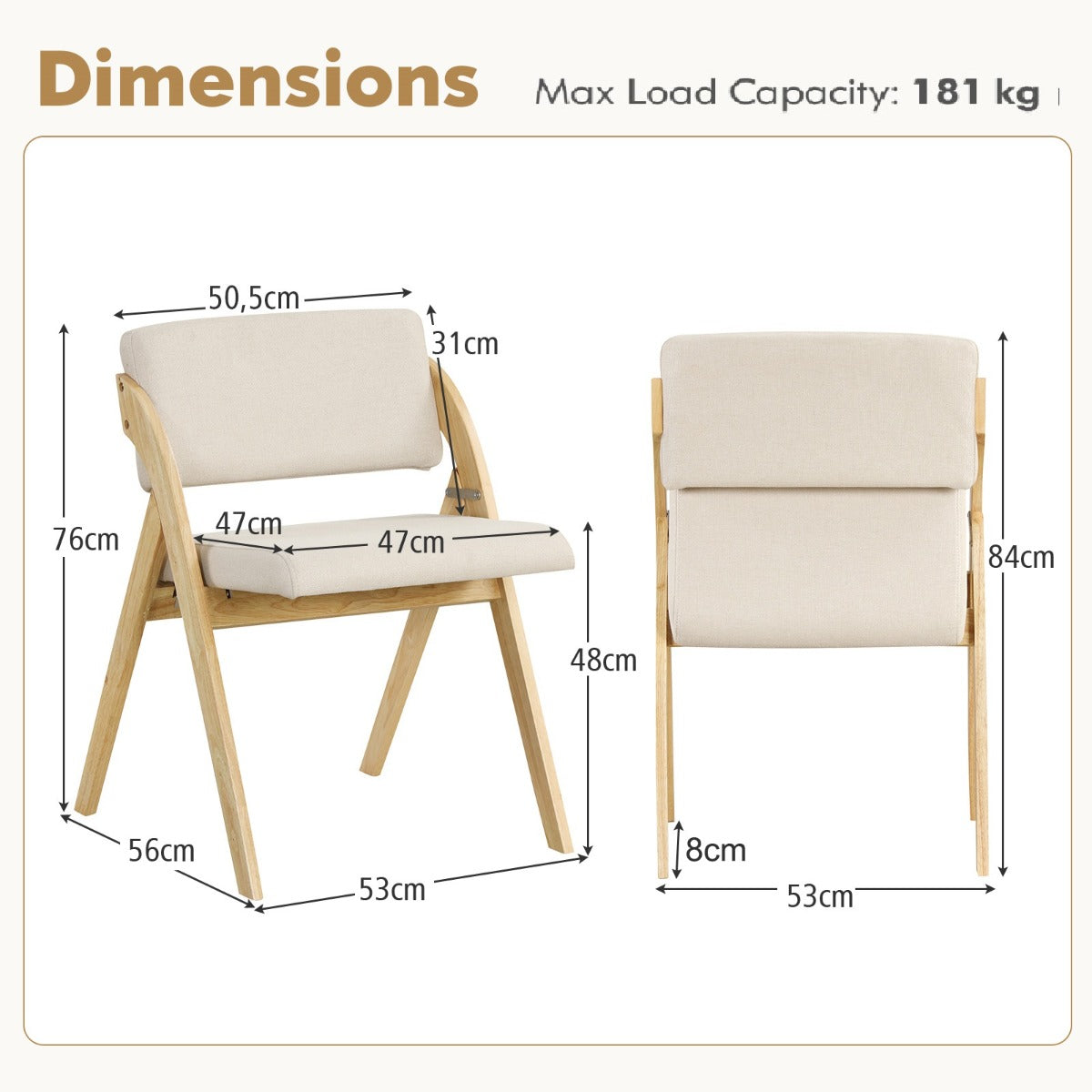 LIVSK Eetkamerstoelenset - Comfortabel Gevoerde Zittingen - Opvouwbaar - Geen Montage - Tot 181 kg - Naturel en beige