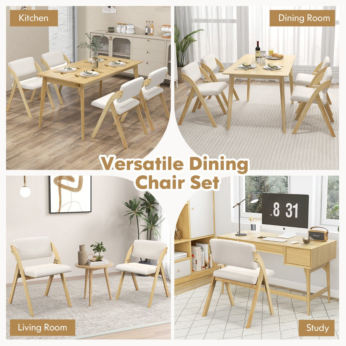 LIVSK Eetkamerstoelenset - Comfortabel Gevoerde Zittingen - Opvouwbaar - Geen Montage - Tot 181 kg - Naturel en beige