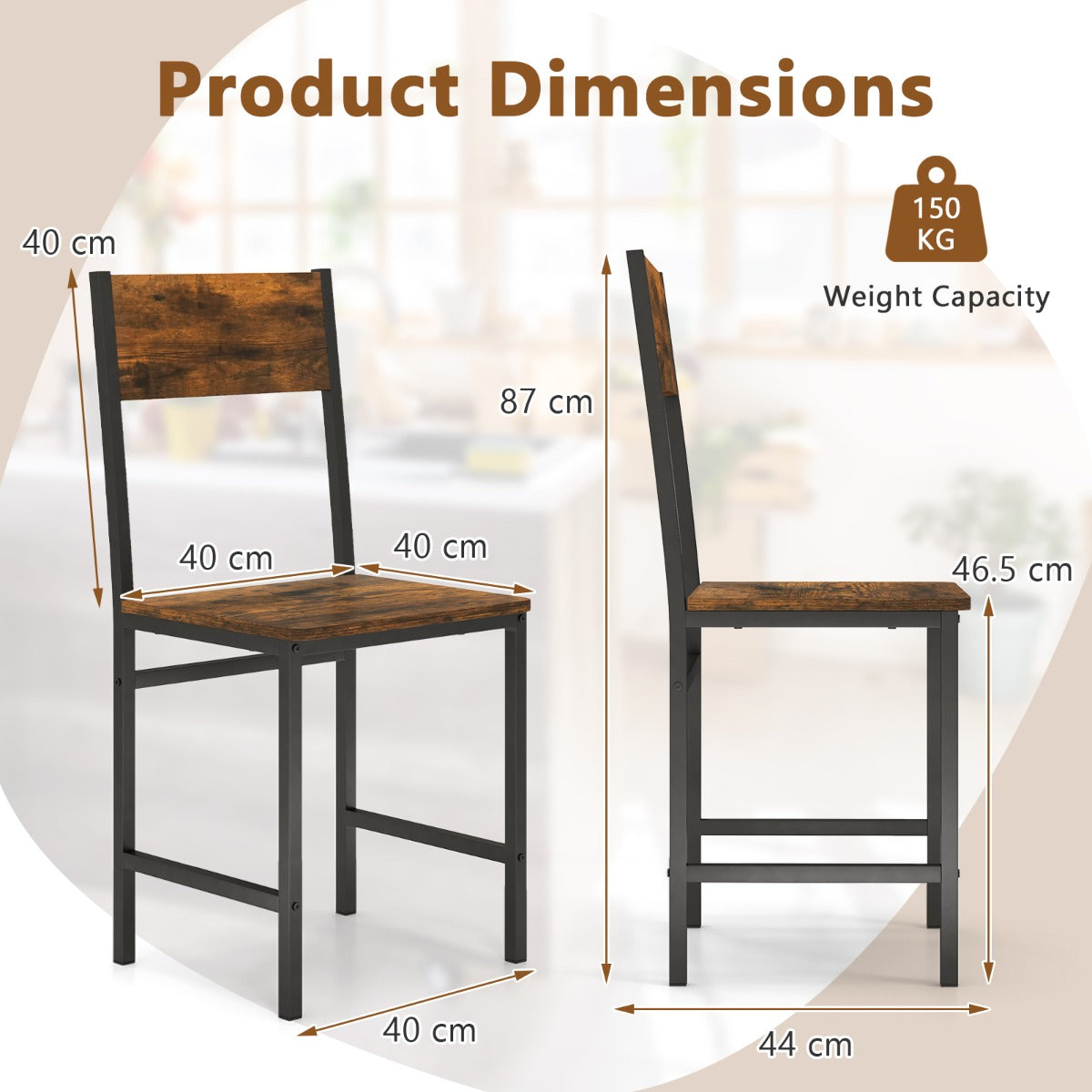 LIVSK Set van 2 Eetkamerstoelen - Ergonomische Rugleuning - Metalen Frame - Tot 150 kg - 44 x 40 x 87 cm - Bruin