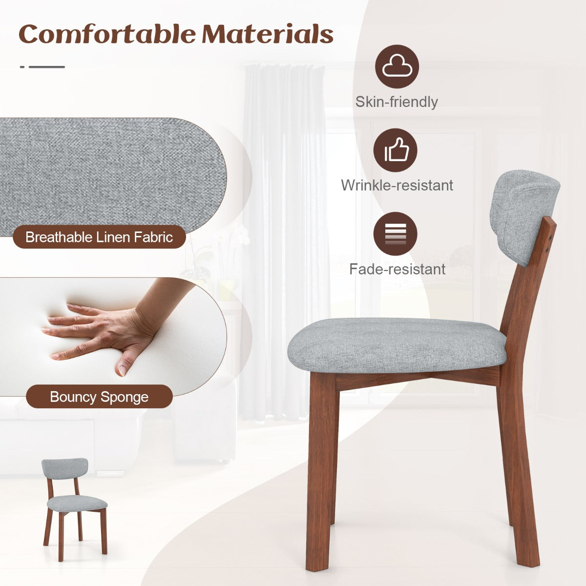 LIVSK Eetkamerstoelen Set van 2 - Ergonomisch Ontwerp - Heveahout - Draagvermogen 130 kg - Beige/grijs - Walnoot