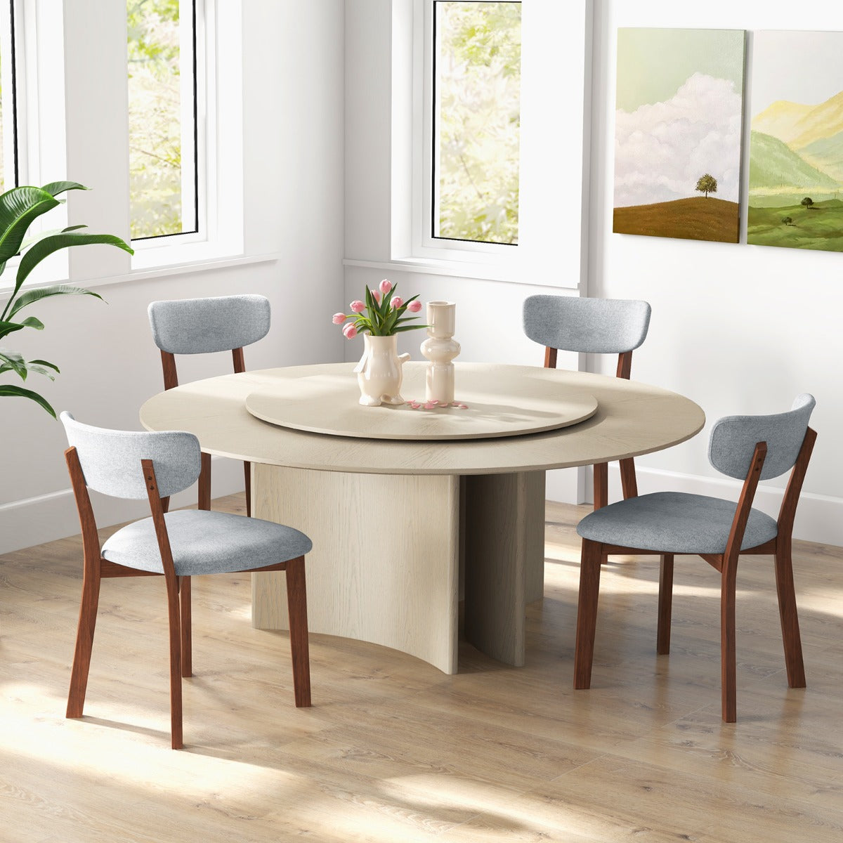 LIVSK Eetkamerstoelen Set van 2 - Ergonomisch Ontwerp - Heveahout - Draagvermogen 130 kg - Beige/grijs - Walnoot