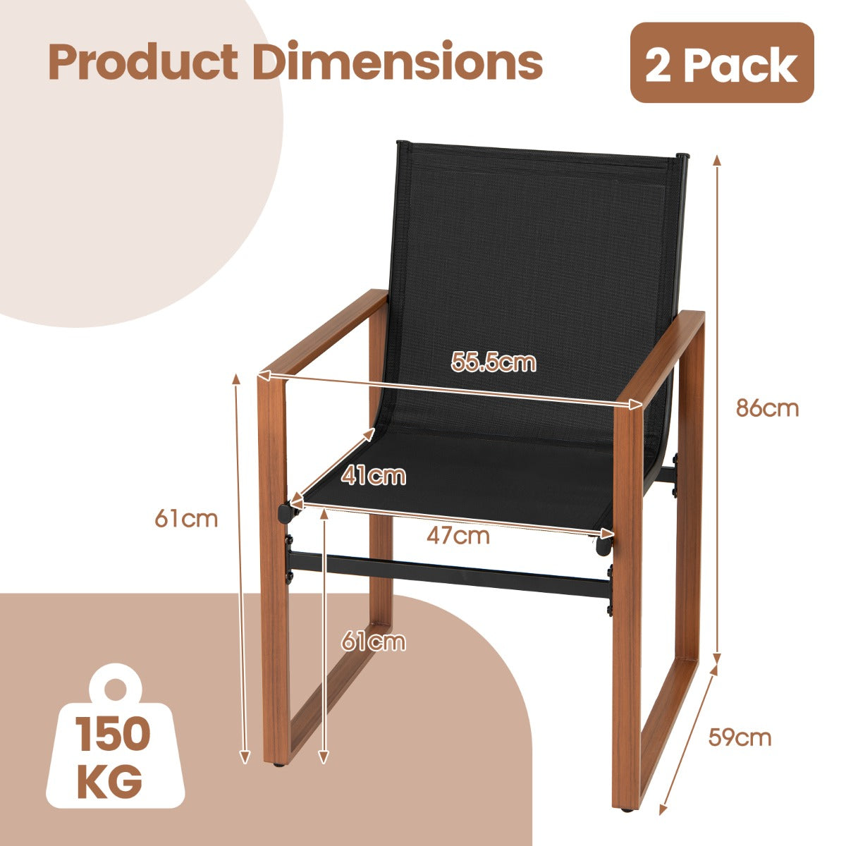 LIVSK Set van 2 Eetkamerstoelen voor Buiten - Ergonomisch Design - Ademend en Duurzaam - Geschikt voor Binnen - Bruin/Zwart