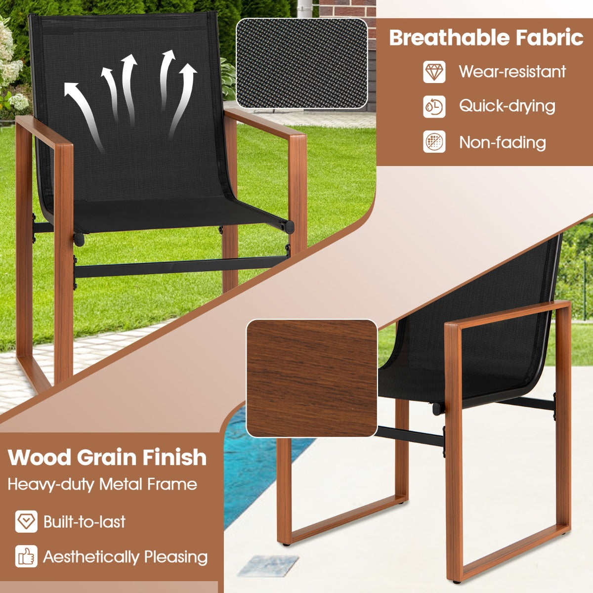 LIVSK Set van 2 Eetkamerstoelen voor Buiten - Ergonomisch Design - Ademend en Duurzaam - Geschikt voor Binnen - Bruin/Zwart