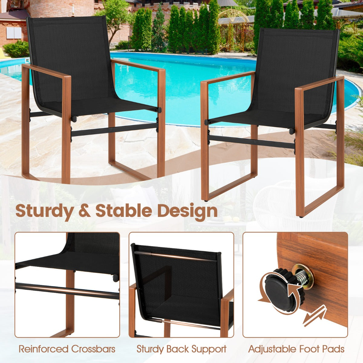 LIVSK Set van 2 Eetkamerstoelen voor Buiten - Ergonomisch Design - Ademend en Duurzaam - Geschikt voor Binnen - Bruin/Zwart