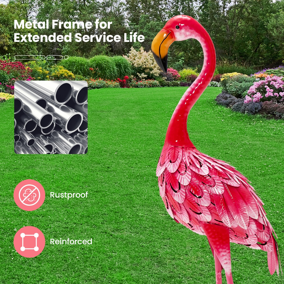 LIVSK Flamingo Beeldjes Set - Sterk Metaal - Waterdicht - Eenvoudige Montage - 20 x 27 x 89 cm - Roze