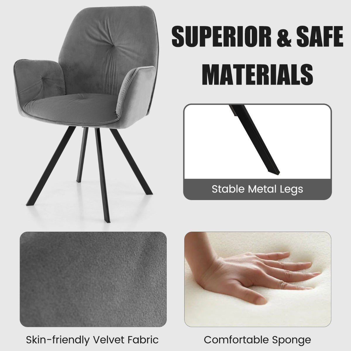 LIVSK Draaibare Bureaustoelen Set van 2 - Ergonomisch Design - 360° Draaibaar - Stabiele Metalen Poten - Tot 150 kg - Grijs