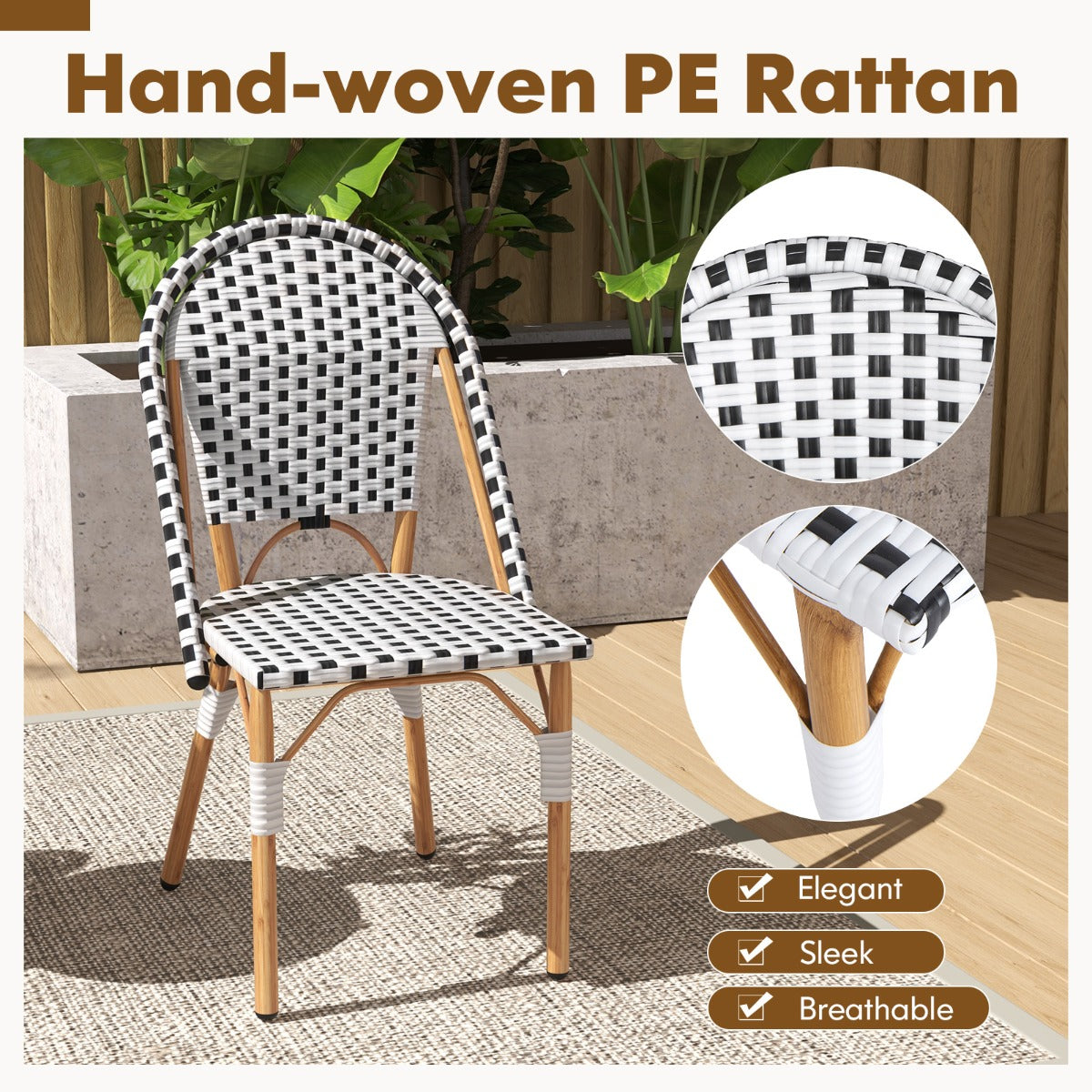 LIVSK Handgeweven Rotanstoelen - Gegalvaniseerd Metalen Frame - Ergonomisch Ontwerp - Duurzaam en Lichtgewicht - Wit + Zwart