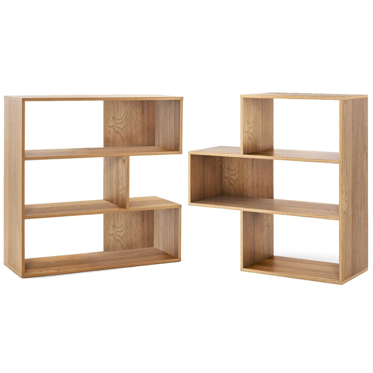 Livsk costway set van 2 geometrische concave convexe boekenkasten met 3 open planken voor boeken en decoratie in een moderne natuurlijke stijl