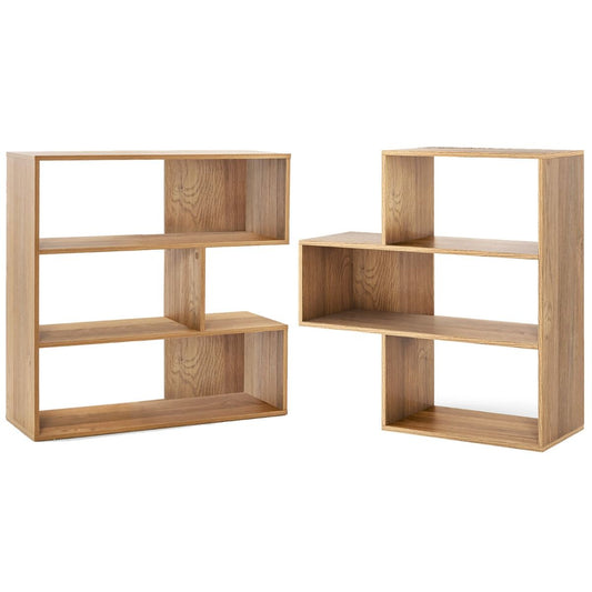 Livsk costway set van 2 geometrische concave convexe boekenkasten met 3 open planken voor boeken en decoratie in een moderne natuurlijke stijl