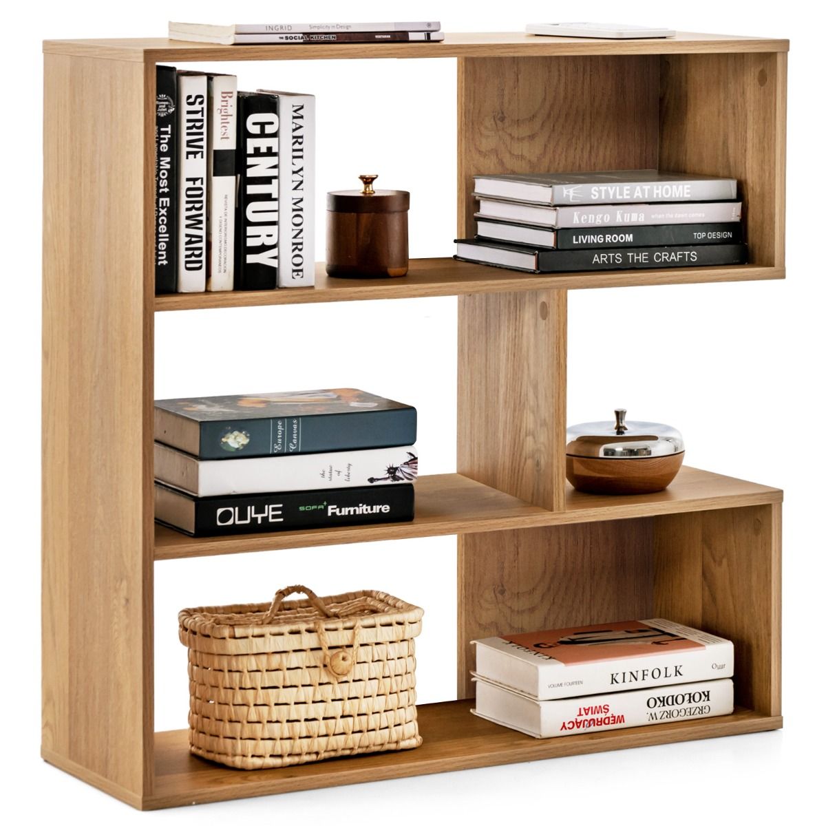 Livsk costway set van 2 geometrische concave convexe boekenkasten met 3 open planken voor boeken en decoratie in een moderne natuurlijke stijl 2