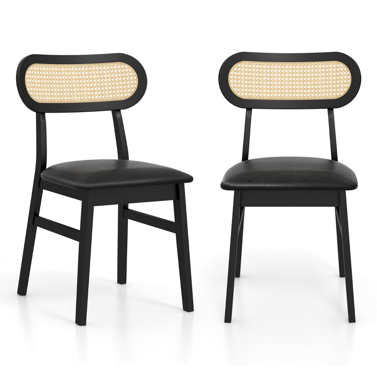 LIVSK Set van 2 Mid-Century Stoelen - Rubberhout - Waterbestendig PU Kunstleer - Geweven Rotan Rugleuning - Tot 180 kg - Zwart