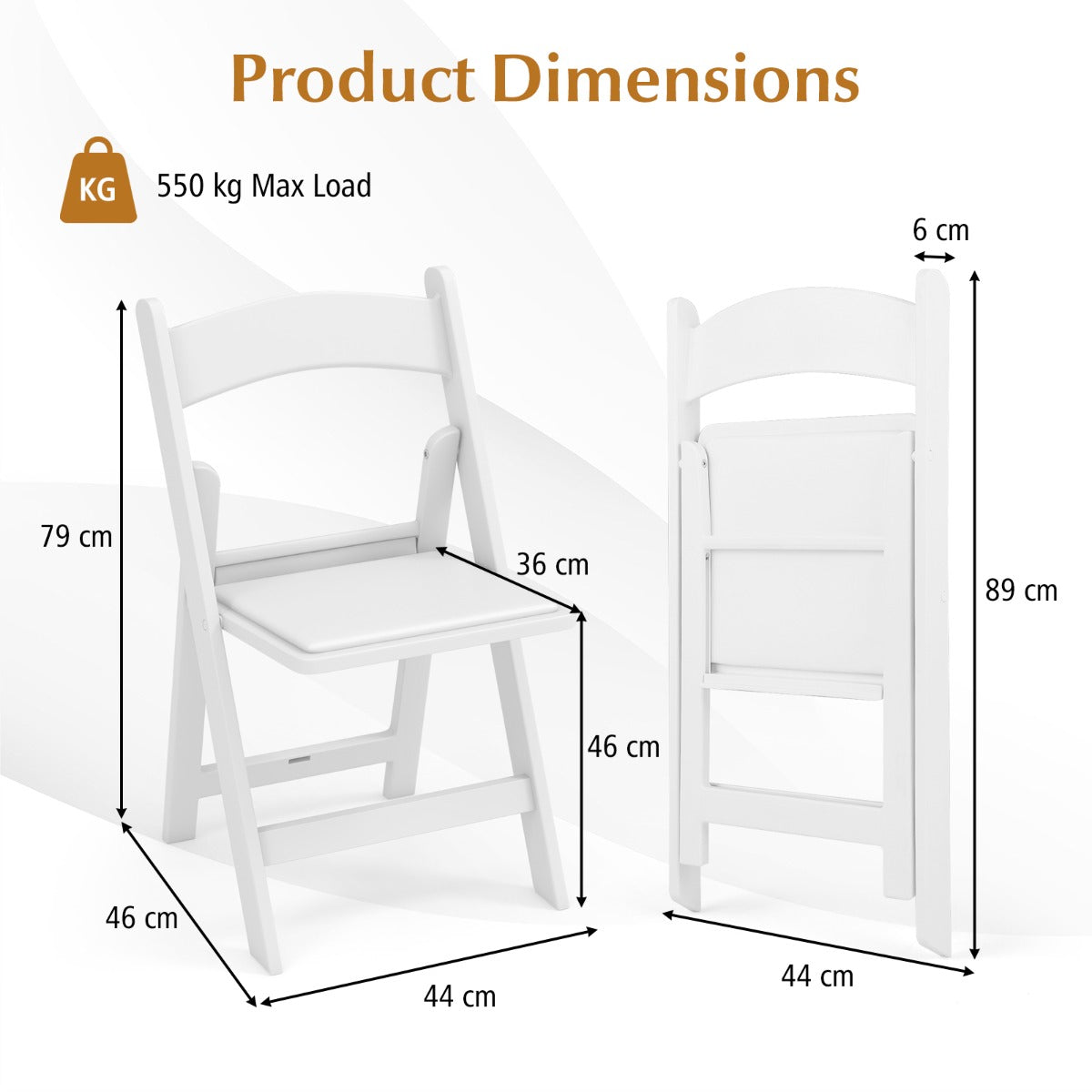 LIVSK Draagbare Klapstoelen Set - Weerbestendig Harsframe - Gevoerde Zitting - Snel Opvouwbaar - Tot 550 kg - Wit