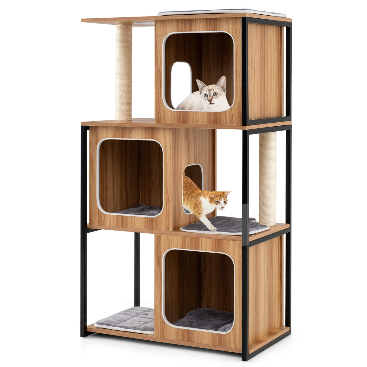 Livsk costway set van 2 huisdiermeubels kattenboom met 3 huisjes en verhoogd bed met kussen voor honden katten en puppys