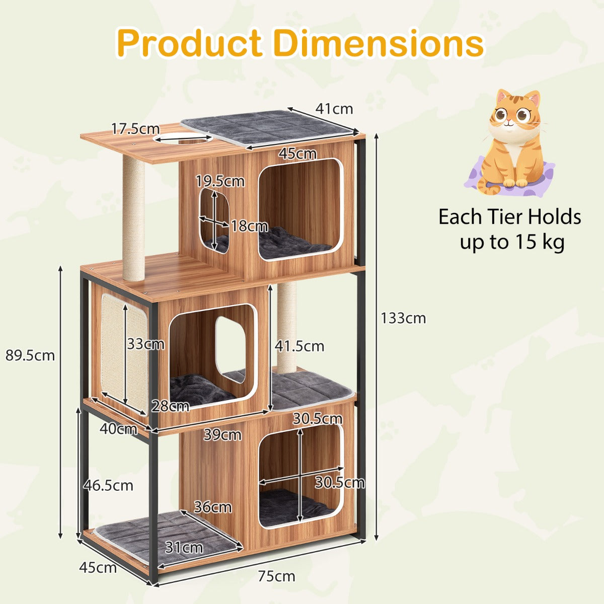 Livsk costway set van 2 huisdiermeubels kattenboom met 3 huisjes en verhoogd bed met kussen voor honden katten en puppys 2
