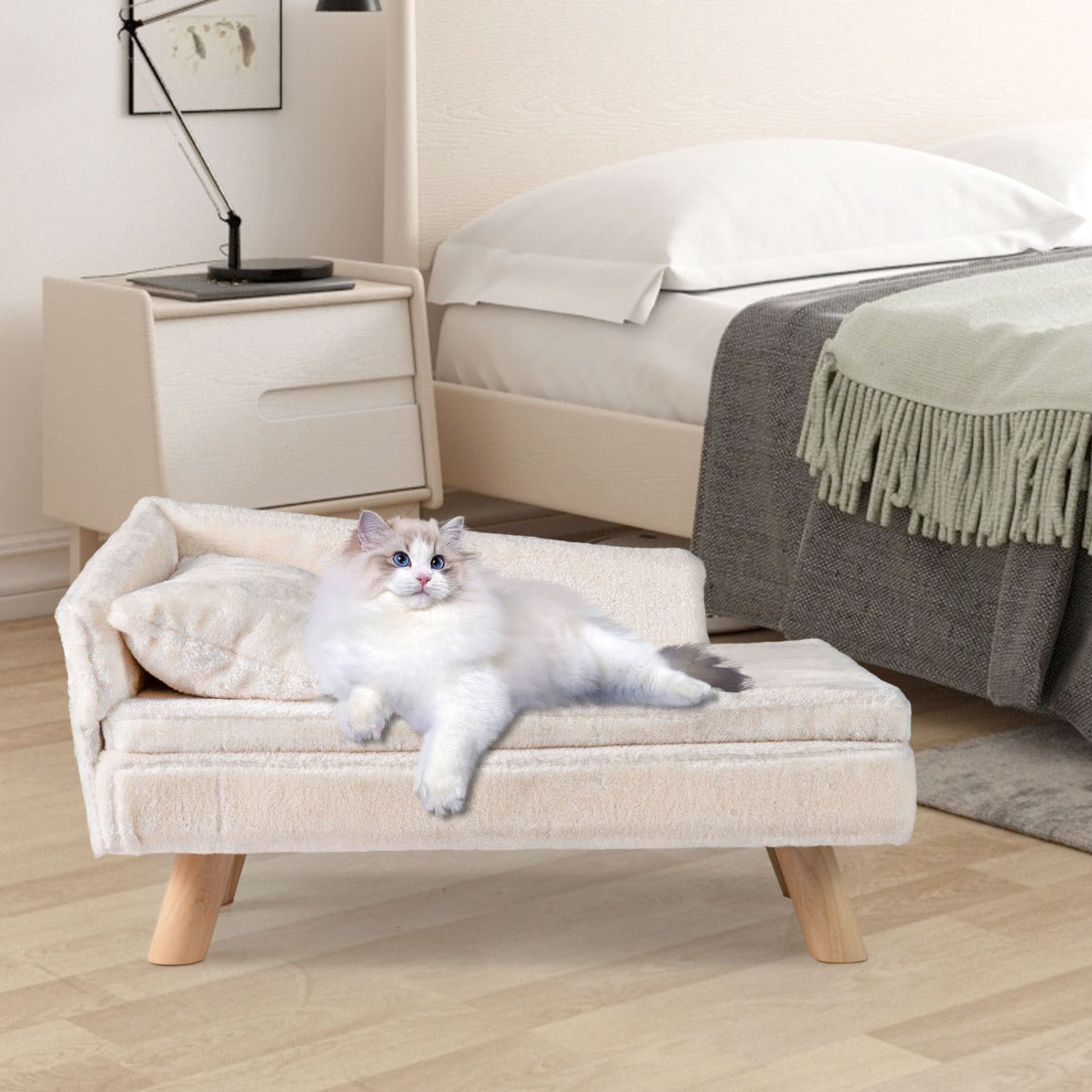 Livsk costway set van 2 huisdiermeubels kattenboom met 3 huisjes en verhoogd bed met kussen voor honden katten en puppys 5