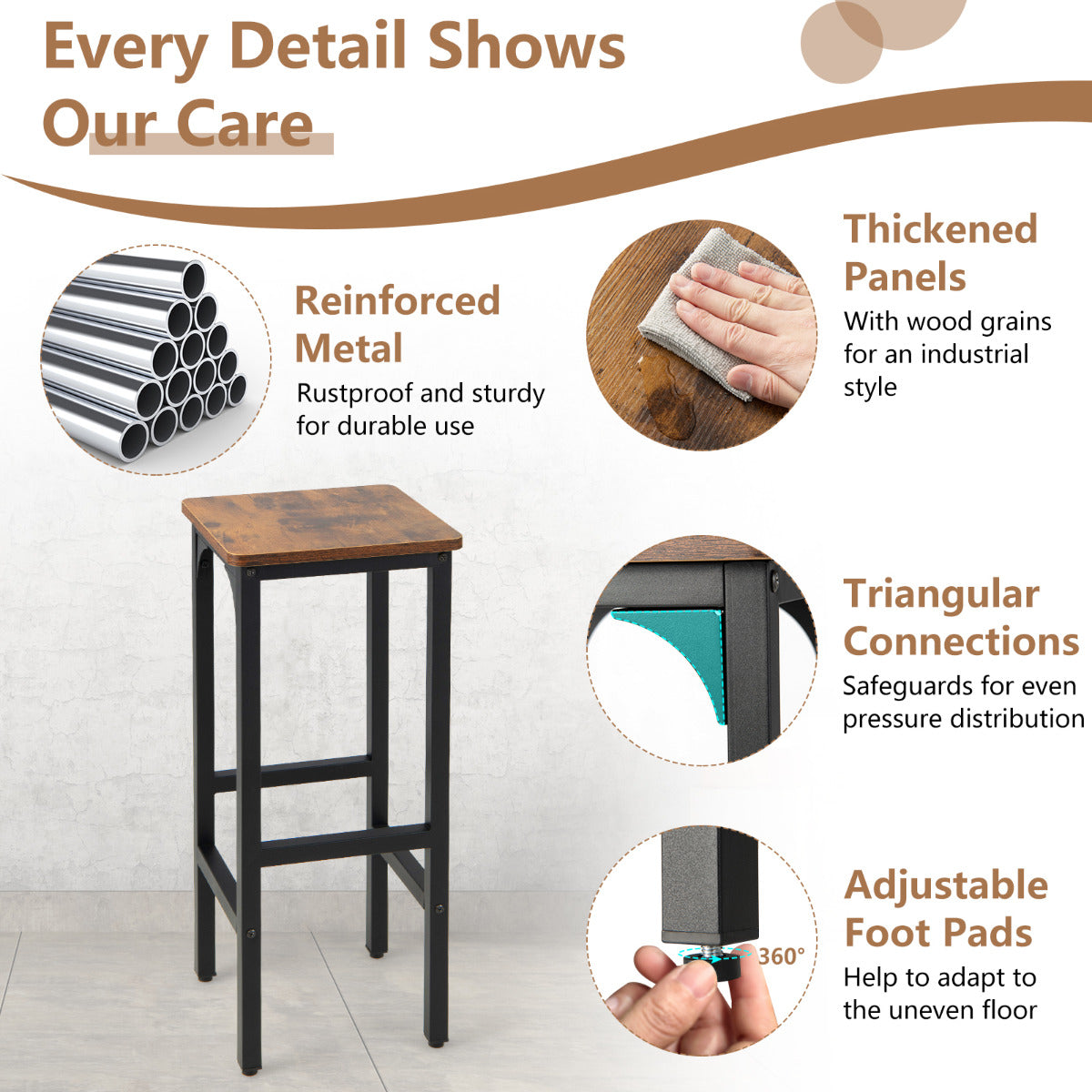 LIVSK Barkrukken Set van 2 - Metaal met Verstelbare Voetensteunen - Tot 150 kg - Industrieel Design - Rustiek Bruin