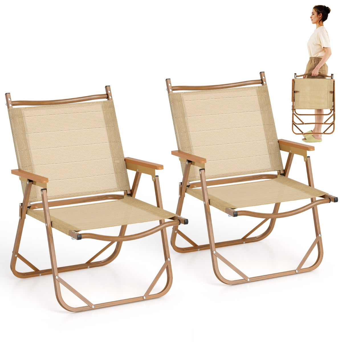 LIVSK Inklapbare Campingstoelen - Lichtgewicht en Ergonomisch - Tot 180 kg - Perfect voor Buiten - 64 x 53 x 77 cm - Beige