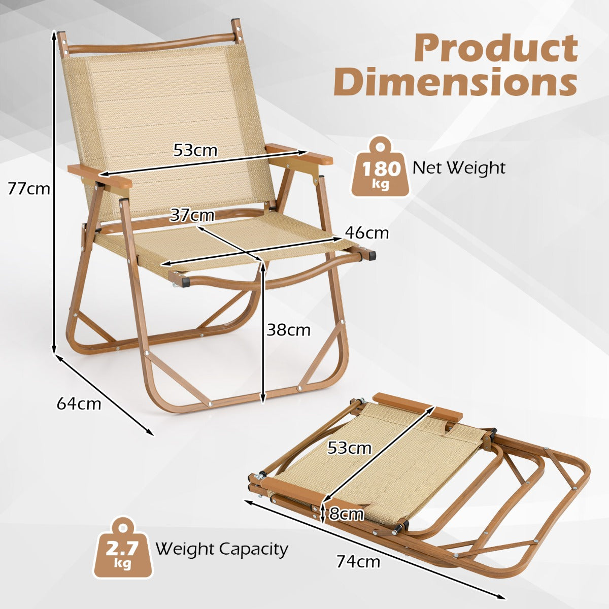 LIVSK Inklapbare Campingstoelen - Lichtgewicht en Ergonomisch - Tot 180 kg - Perfect voor Buiten - 64 x 53 x 77 cm - Beige