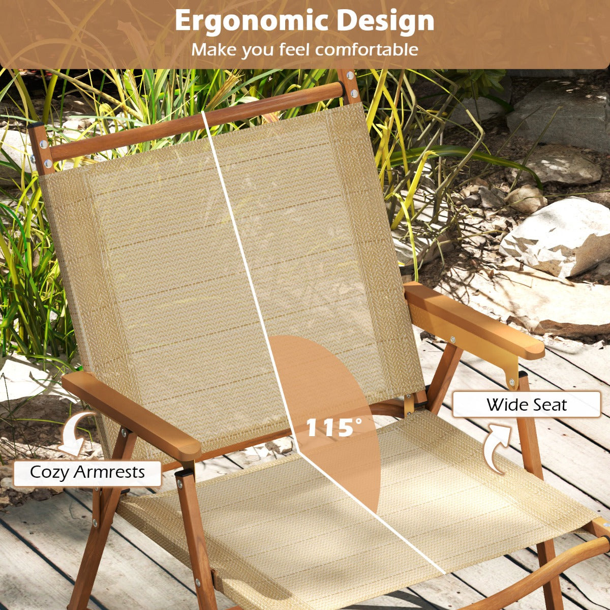 LIVSK Inklapbare Campingstoelen - Lichtgewicht en Ergonomisch - Tot 180 kg - Perfect voor Buiten - 64 x 53 x 77 cm - Beige