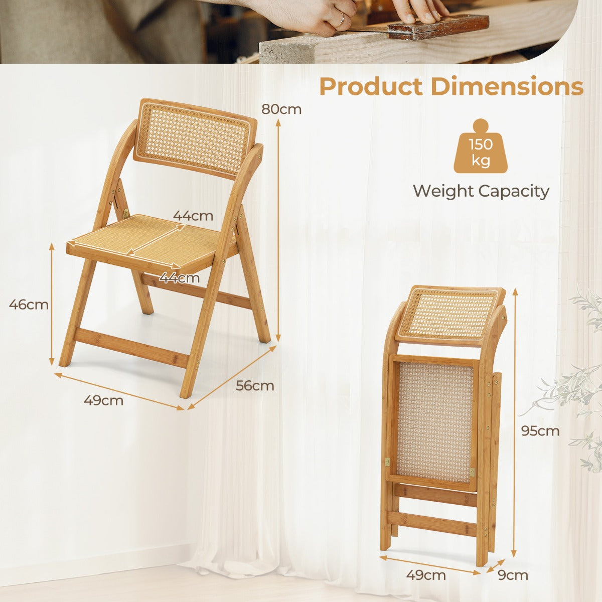 LIVSK Rotan Klapstoelen - Bamboe Frame - 360° Draaibare Rugleuning - Antislip - Inklapbaar - Voor Eetkamer en Woonkamer - Naturel