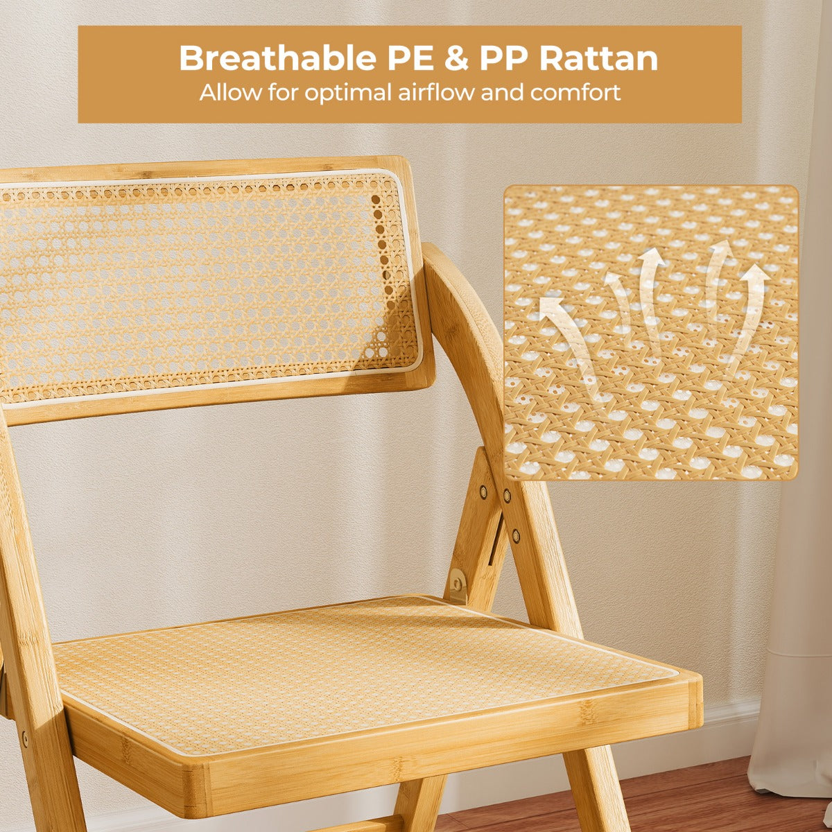 LIVSK Rotan Klapstoelen - Bamboe Frame - 360° Draaibare Rugleuning - Antislip - Inklapbaar - Voor Eetkamer en Woonkamer - Naturel