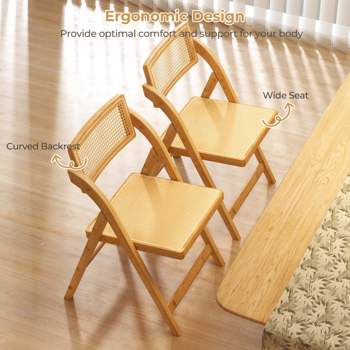 LIVSK Rotan Klapstoelen - Bamboe Frame - 360° Draaibare Rugleuning - Antislip - Inklapbaar - Voor Eetkamer en Woonkamer - Naturel