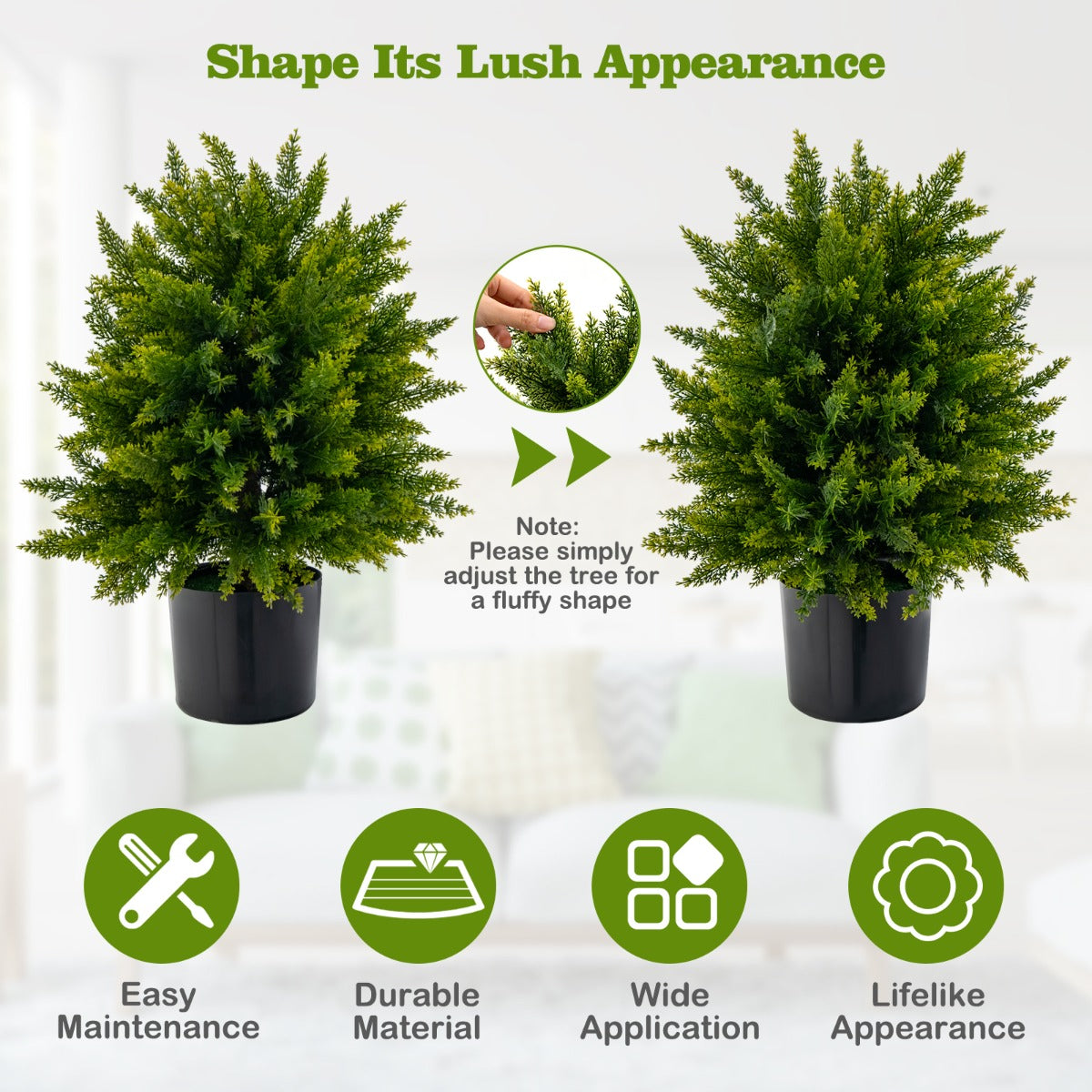 LIVSK Set van 2 Kunstceder-Topiary-Ballenbomen - UV-bestendig - Onderhoudsvriendelijk - Hoogte 55 cm - Groen