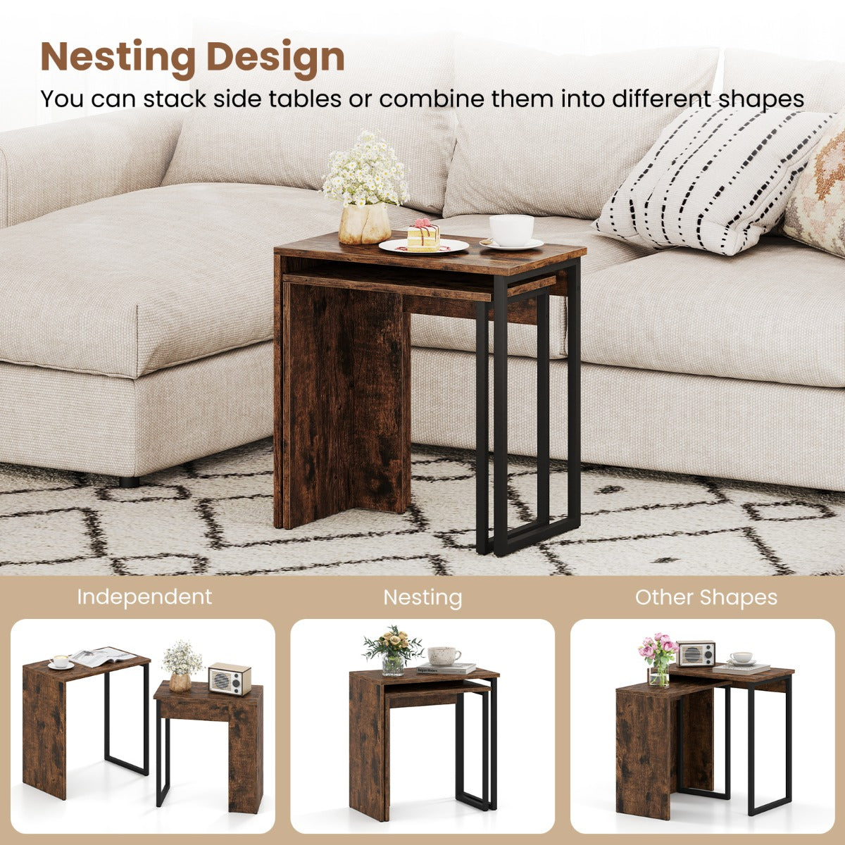 LIVSK Nestbare Bijzettafels Set van 2 - Stabiel Metalen Frame - Ruime Bladen - Multifunctioneel - 50,8 x 30,48 x 53,34 cm -