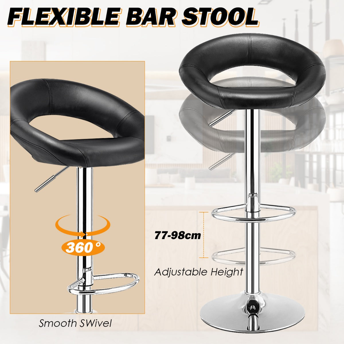 LIVSK Verstelbare Barkrukken Set van 2 - 360° Draaibaar - Antislip - Hoogte 77-98 cm - Comfortabel PU-leer - Zwart