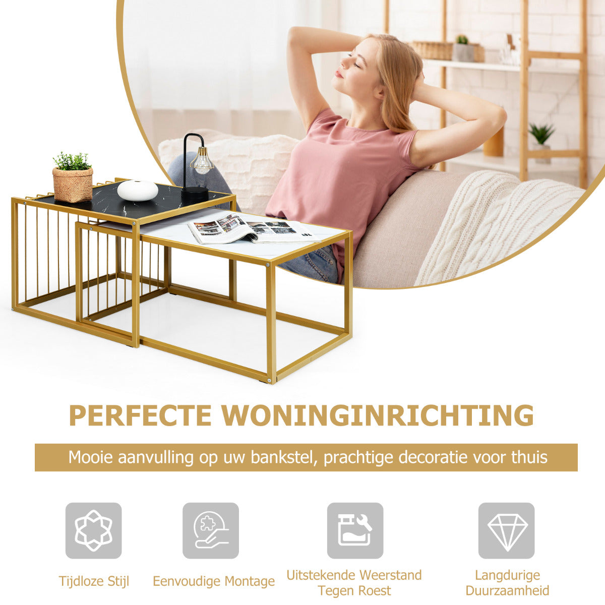 LIVSK Nesttafel Set - Praktisch en Ruimtebesparend - Luxe Marmerachtig Oppervlak - Stevige Metalen Structuur - 80 x 53 x 38,5 cm