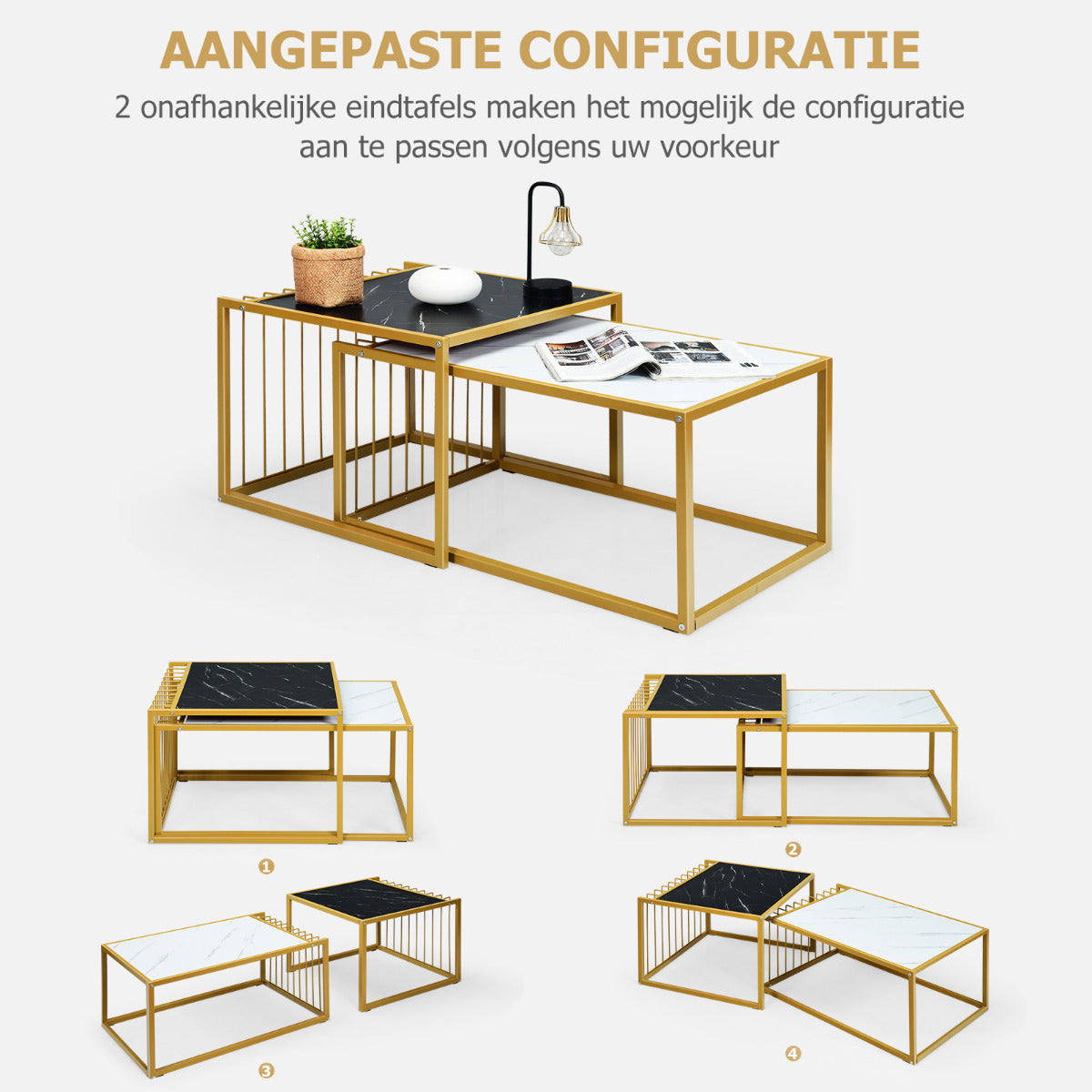 LIVSK Nesttafel Set - Praktisch en Ruimtebesparend - Luxe Marmerachtig Oppervlak - Stevige Metalen Structuur - 80 x 53 x 38,5 cm