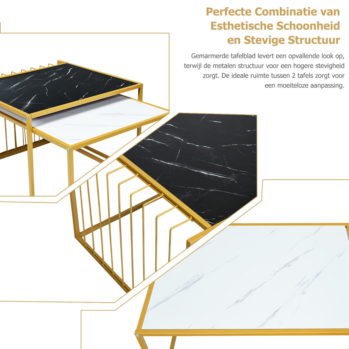 LIVSK Nesttafel Set - Praktisch en Ruimtebesparend - Luxe Marmerachtig Oppervlak - Stevige Metalen Structuur - 80 x 53 x 38,5 cm