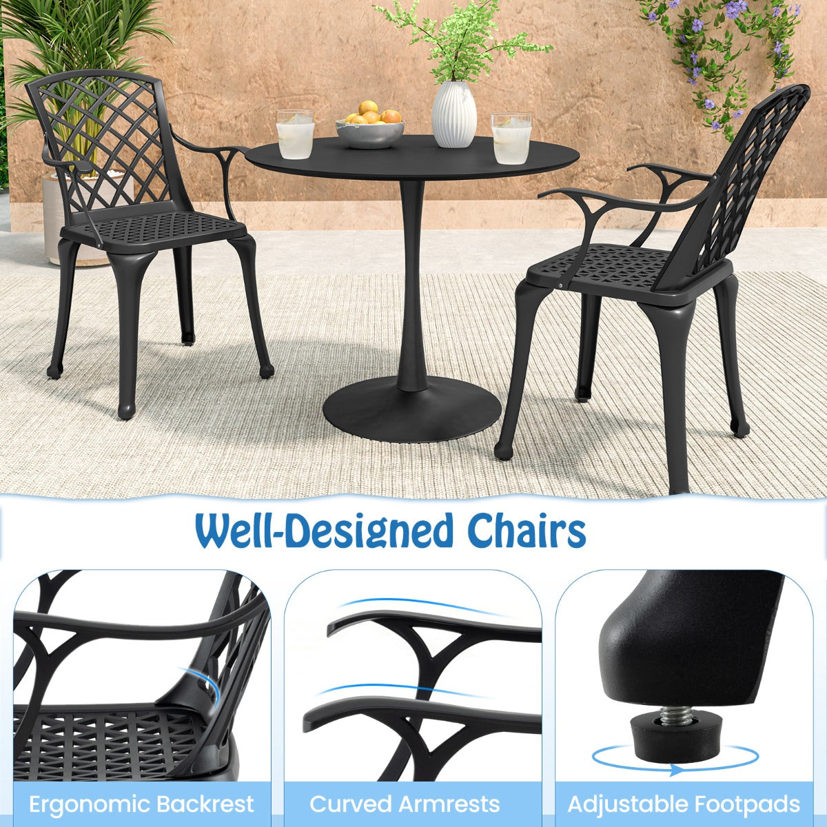 LIVSK Set van 2 Terrasstoelen - Ergonomisch Ontwerp - Ademend Mesh - Verstelbare Voetsteunen - Draagvermogen 150 kg - Zwart