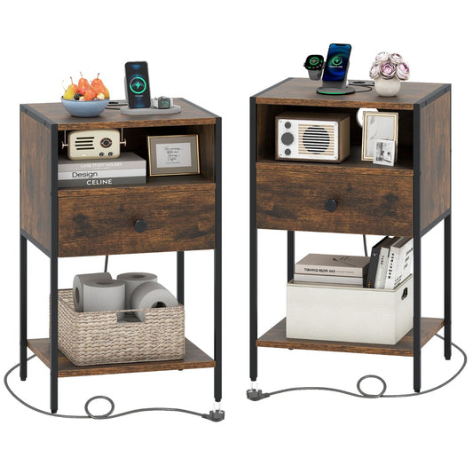 Livsk costway set van 2 nachtkastje met oplaadstation industriele bijzettafel met open vak compact nachtkastje bruin