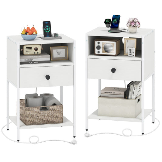 Livsk costway set van 2 nachtkastje met oplaadstation industriele bijzettafel met open vak compact nachtkastje wit