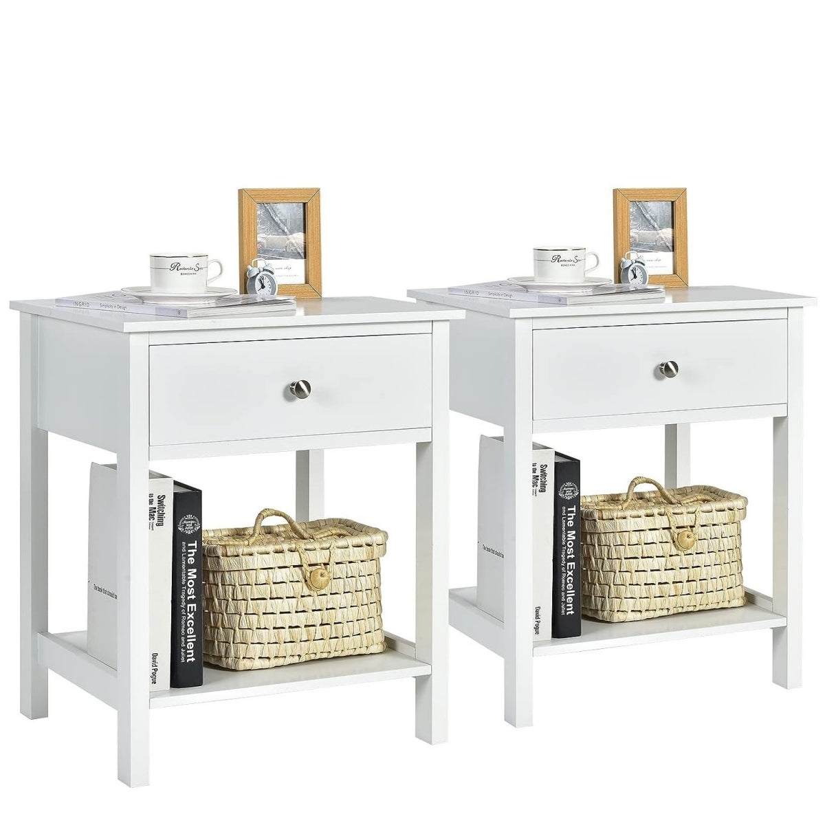 LIVSK Nachtkastjes Set van 2 - Uittrekbare Lade en Open Plank - Compact en Modern - Hoogwaardig MDF - Wit