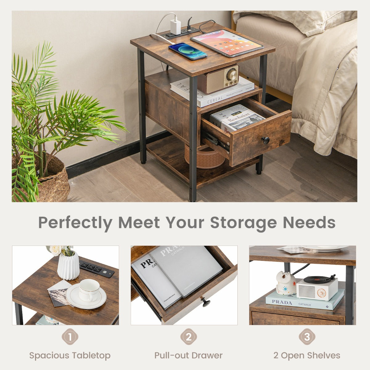 LIVSK Nachtkastjes Set met Oplaadstation - 2 Open Planken - 2 USB-poorten - Type-C Poort - 40 x 40 x 55 cm - Rustiek bruin